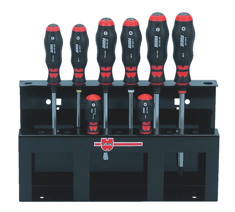 Ruuvimeisselisarja auto-/metallialan k&auml;ytt&ouml;&ouml;n kuusiovarrella ja v&auml;&auml;nt&ouml;kuusiolla, ter&auml;ksisess&auml; telineess&auml;